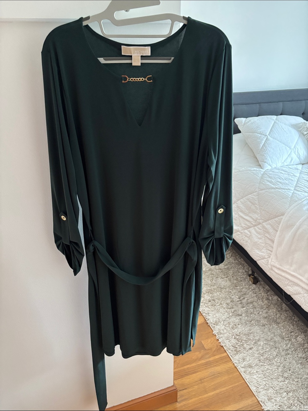 NWOT - MICHAEL Michael Kors Deep Green V-Neck Belted Long-Sleeve Dress